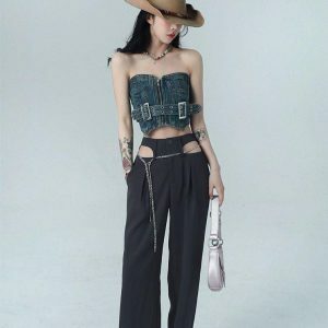 Y2K Fashion Cowgirl Crop Denim Tube Top - Acubi & Coquette Style