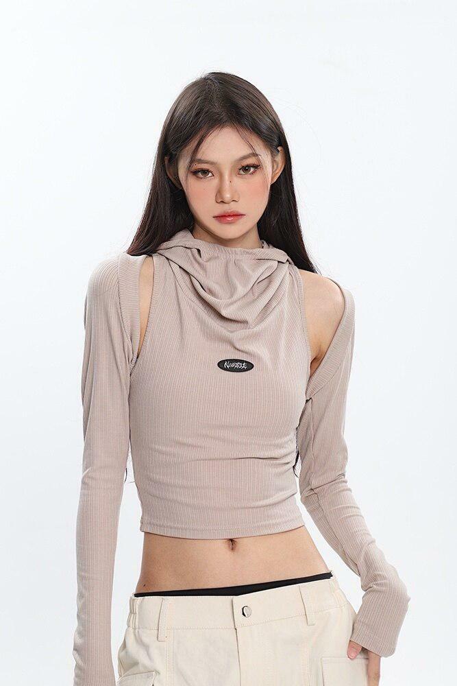 Y2K Fashion Cowl Collar Cut-Out Crop Top - Dark Coquette Aesthetic