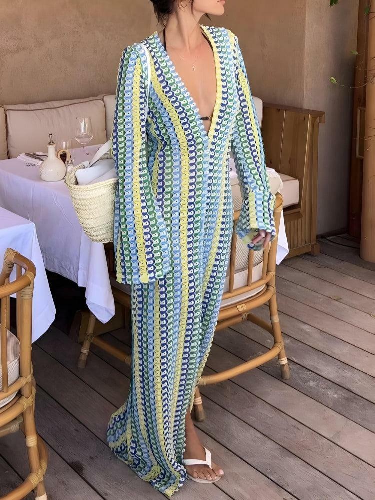 Y2K Fashion Crochet Striped Plunge Neck Maxi Dress - Coquette Style Outfit