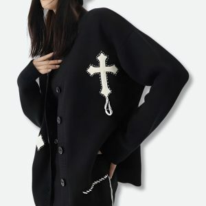 Y2K Fashion Cross Patch Cardigan - Coquette Style Aesthetic Layering