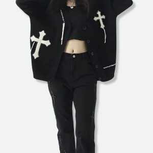 Y2K Fashion Cross Patch Cardigan - Coquette Style Aesthetic Layering