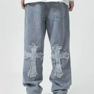 Y2K Fashion Cross Patchwork Baggy Jeans - Coquette & Aesthetic Style