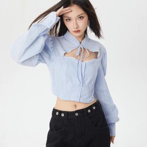 Y2K Fashion Cut Out Crop Top - Dark Coquette Aesthetic Shirt