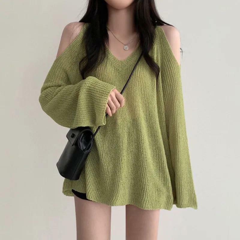 Y2K Fashion Cut-Out Shoulder Loose Knit Sweater - Coquette Style