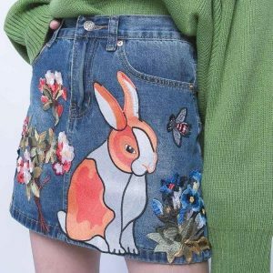 Y2K Fashion Cute Rabbit Denim Mini Skirt - Coquette Aesthetic Style