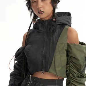 Y2K Fashion Cyberpunk Ruched Sleeve Puffer Jacket - Coquette Aesthetic