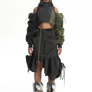 Y2K Fashion Cyberpunk Ruched Sleeve Puffer Jacket - Coquette Aesthetic