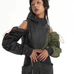 Y2K Fashion Cyberpunk Ruched Sleeve Puffer Jacket - Coquette Aesthetic