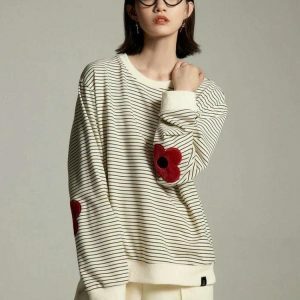 Y2K Fashion Daisy Embroidered Striped Sweatshirt - Coquette Aesthetic