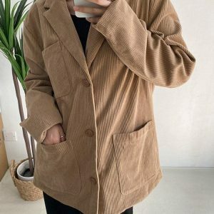 Y2K Fashion Dark Academia Corduroy Long Jacket - Coquette Aesthetic Style