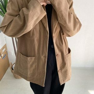 Y2K Fashion Dark Academia Corduroy Long Jacket - Coquette Aesthetic Style