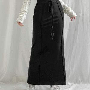 Y2K Fashion Dark Academia Drawstring Maxi Skirt - Coquette Aesthetic