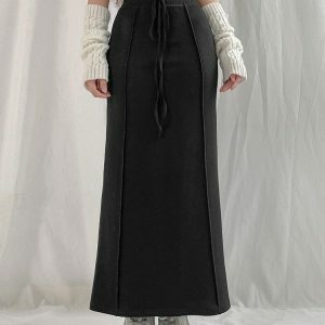 Y2K Fashion Dark Academia Drawstring Maxi Skirt - Coquette Aesthetic