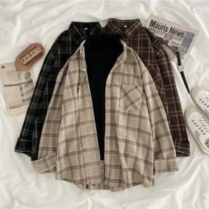 Y2K Fashion Dark Academia Vintage Plaid Shirt - Coquette Aesthetic Style