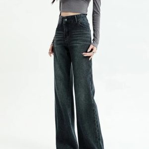 Y2K Fashion Dark Wash Straight Leg Denim Jeans - Coquette & Acubi Style