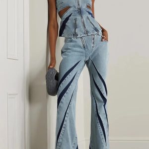 Y2K Fashion Denim Cut Out Tube Top & Patch Jeans Coquette Two Piece Set