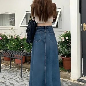 Y2K Fashion Denim Slit Frayed Hem Maxi Skirt - Coquette & Acubi Style