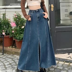 Y2K Fashion Denim Slit Frayed Hem Maxi Skirt - Coquette & Acubi Style