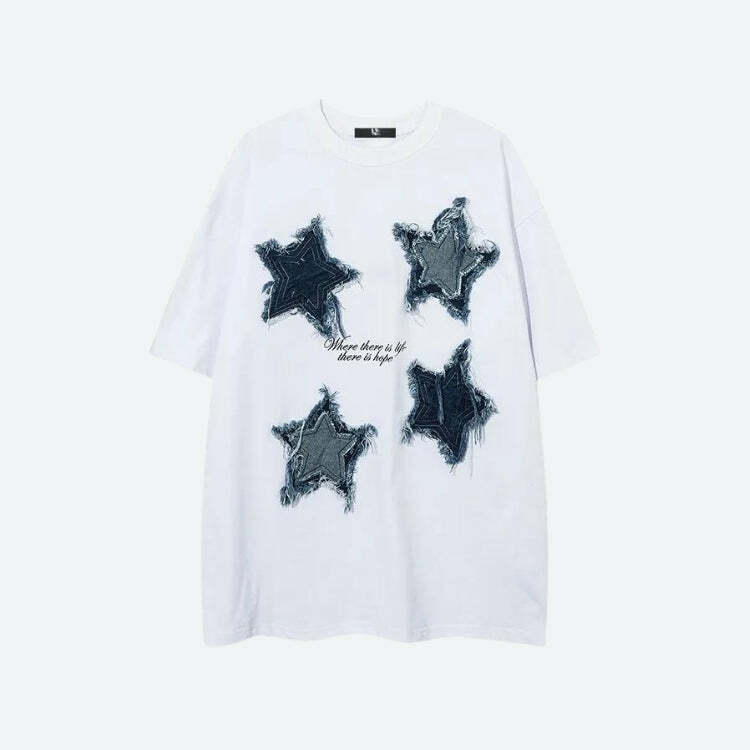 Y2K Fashion Denim Star Patchwork Tee - Coquette & Acubi Style Top