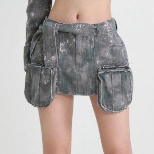 Y2K Fashion Distressed Cargo Denim Mini Skirt - Acubi Coquette Style