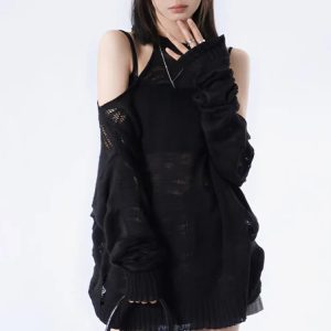 Y2K Fashion Distressed Cut-Out Knit Sweater - Coquette & Grunge Style