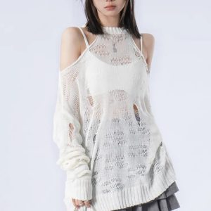 Y2K Fashion Distressed Cut-Out Knit Sweater - Coquette & Grunge Style