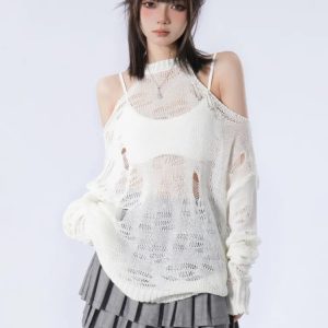 Y2K Fashion Distressed Cut-Out Knit Sweater - Coquette & Grunge Style