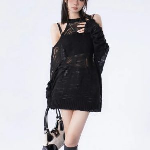 Y2K Fashion Distressed Cut-Out Knit Sweater - Coquette & Grunge Style