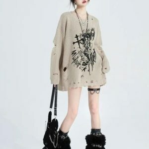 Y2K Fashion Distressed Goth Sweater - Coquette Aesthetic Layering Piece