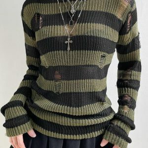 Y2K Fashion Distressed Striped Sweater - Coquette & Grunge Aesthetic