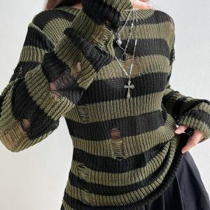 Y2K Fashion Distressed Striped Sweater - Coquette & Grunge Aesthetic