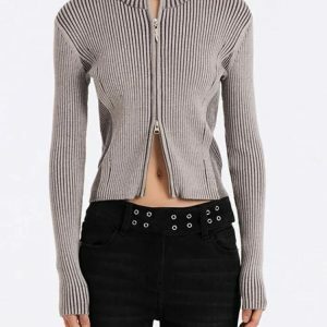 Y2K Fashion Double Zip-Up Distressed Corduroy Cardigan - Coquette Style