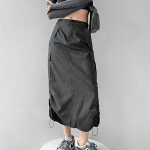 Y2K Fashion Drawstring Parachute Midi Skirt - Coquette & Aesthetic Style