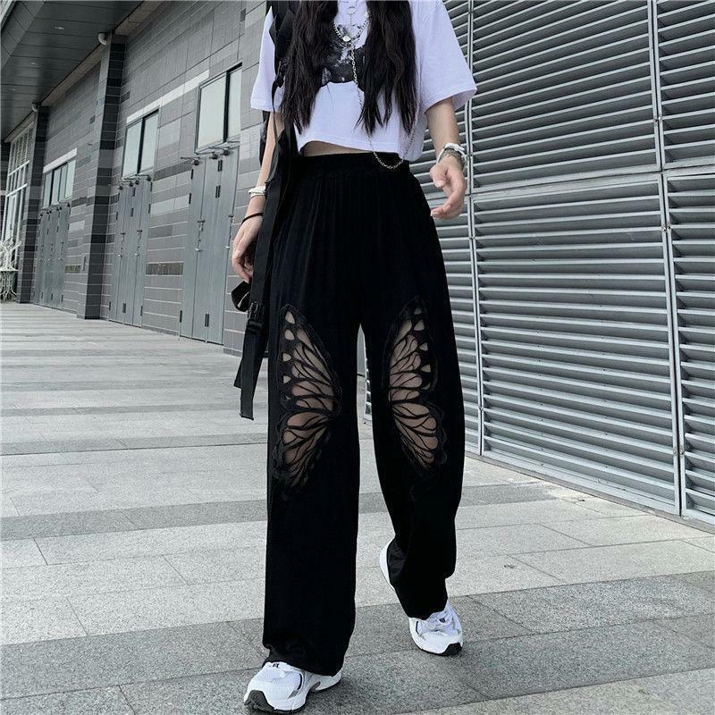 Y2K Fashion Elasticated Waist Butterfly Cut-Out Pants for Aesthetic Outfits