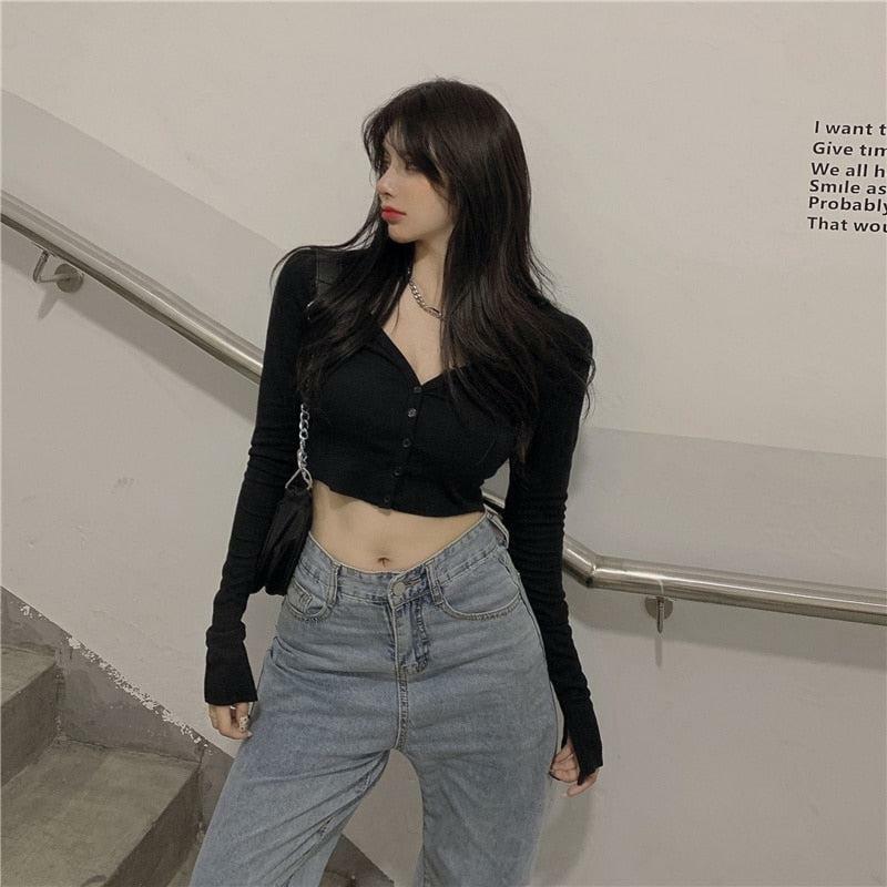 Y2K Fashion Extra Long Sleeves Buttoned Crop Top - Coquette Aesthetic