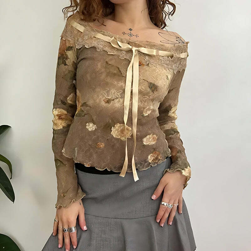 Y2K Fashion Fairy Grunge Floral Off-Shoulder Lace Top for Aesthetic Outfits