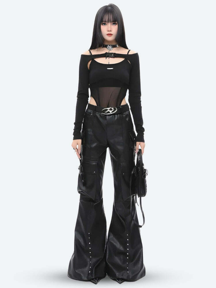 Y2K Fashion Faux Leather Cargo Pants - Coquette & Acubi Style Essential