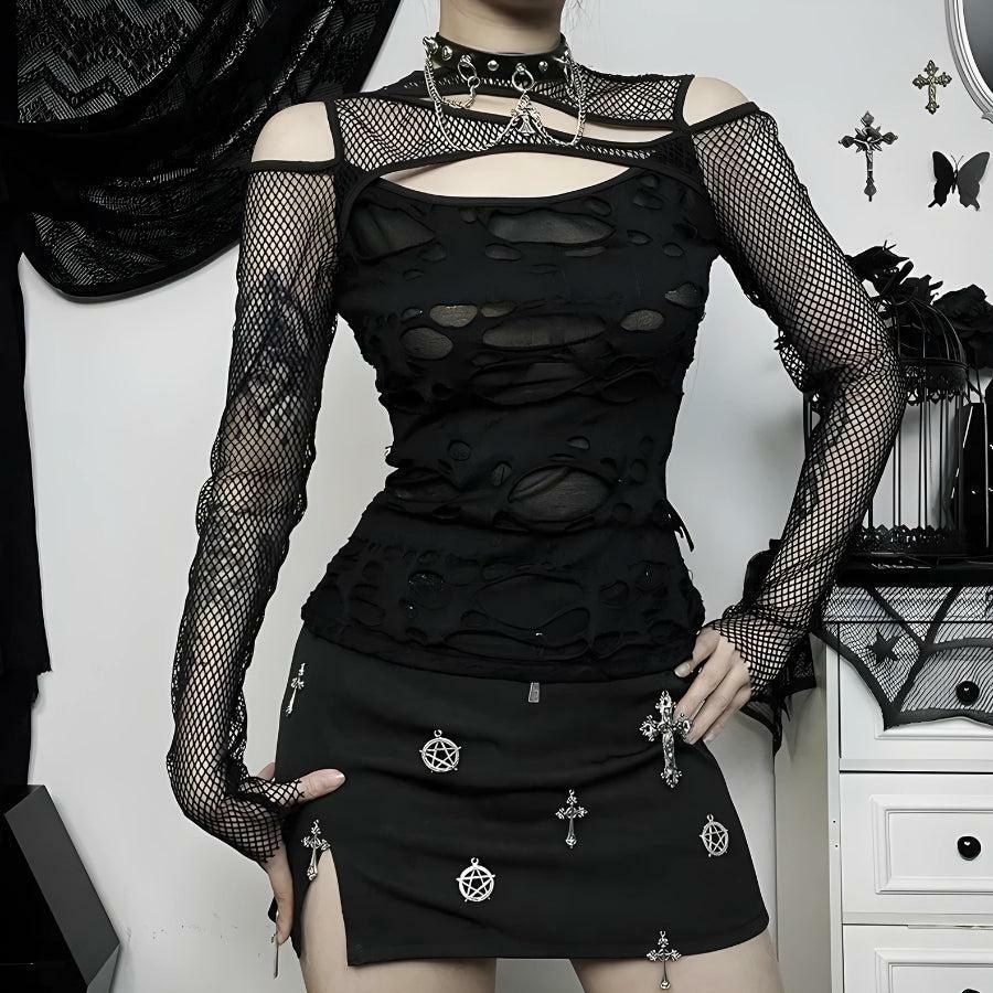 Y2K Fashion Fishnet Ripped Top - Dark Coquette Aesthetic Clothing