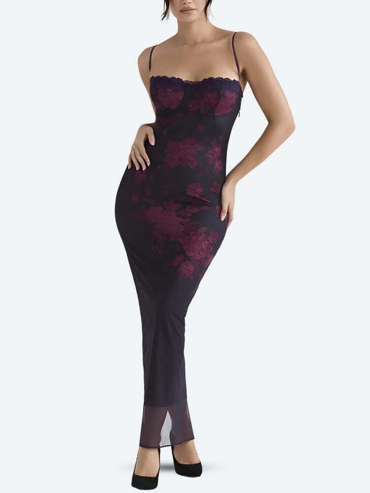 Y2K Fashion Floral Bodycon Lace Up Mesh Maxi Dress - Coquette Style