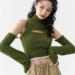 Y2K Fashion Fluffy Crop Sweater Top - Coquette & Acubi Style Essential