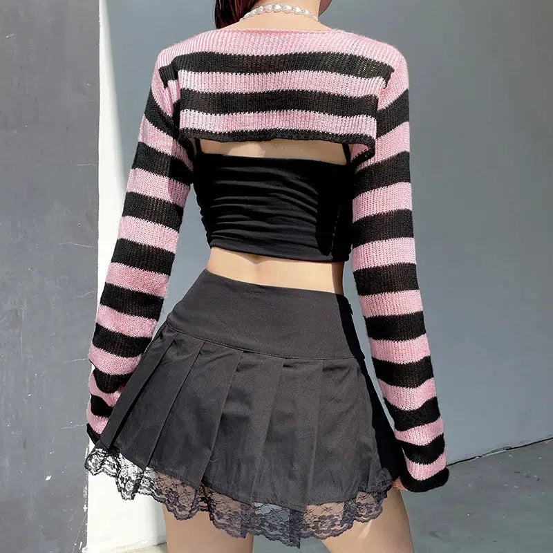 Y2K Fashion Goth Striped Knitted Shrug Sweater - Coquette Aesthetic Style