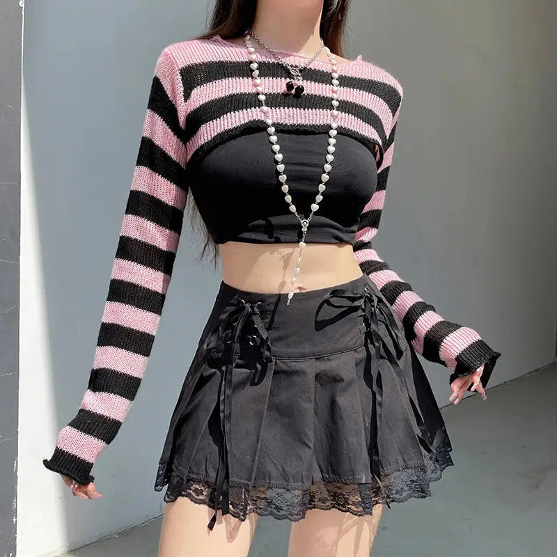 Y2K Fashion Goth Striped Knitted Shrug Sweater - Coquette Aesthetic Style