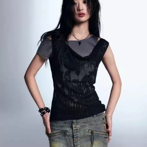 Y2K Fashion Gothic Top: Dark Coquette Style with Soft Girl Aesthetic