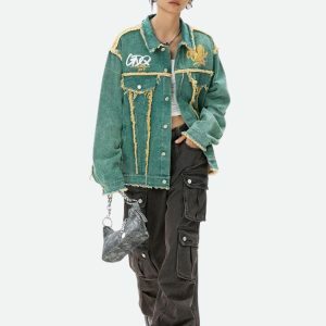 Y2K Fashion Green Denim Jacket - Coquette Style for Aesthetic Outfits