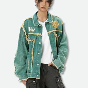 Y2K Fashion Green Denim Jacket - Coquette Style for Aesthetic Outfits