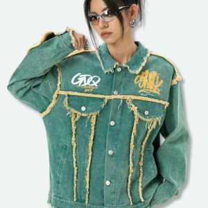 Y2K Fashion Green Denim Jacket - Coquette Style for Aesthetic Outfits