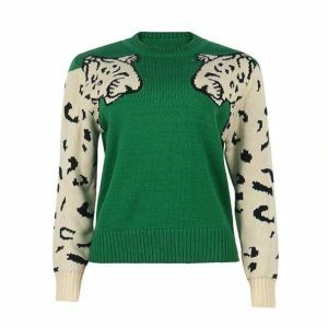 Y2K Fashion Green Leopard Sweater - Coquette Style Aesthetic Top