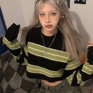 Y2K Fashion Green Striped Crop Sweater - Coquette & Grunge Aesthetic