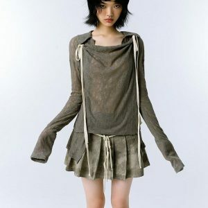 Y2K Fashion Grunge Asymmetric Long Sleeve Lace Top - Coquette Style