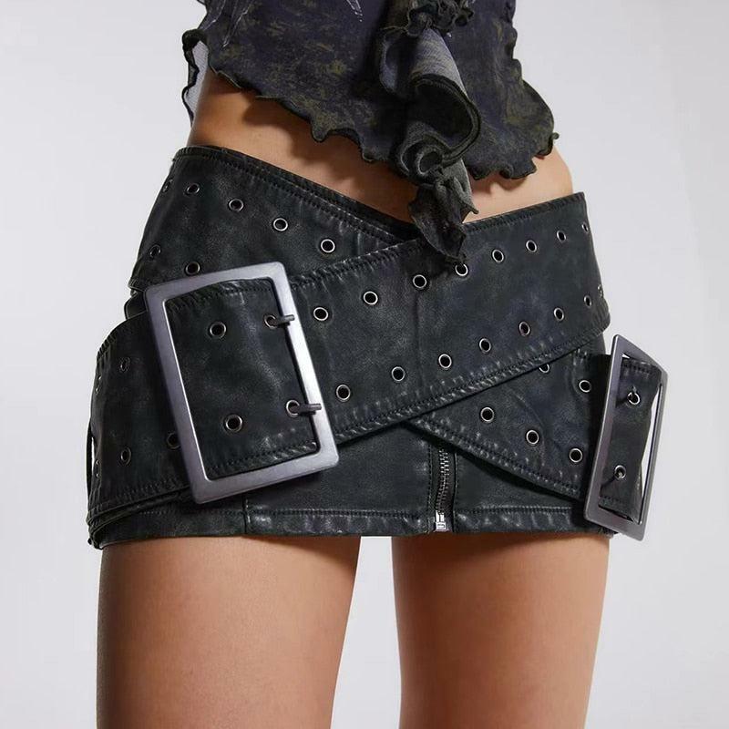 Y2K Fashion Grunge Cross Belt Faux Leather Mini Skirt for Coquette Style